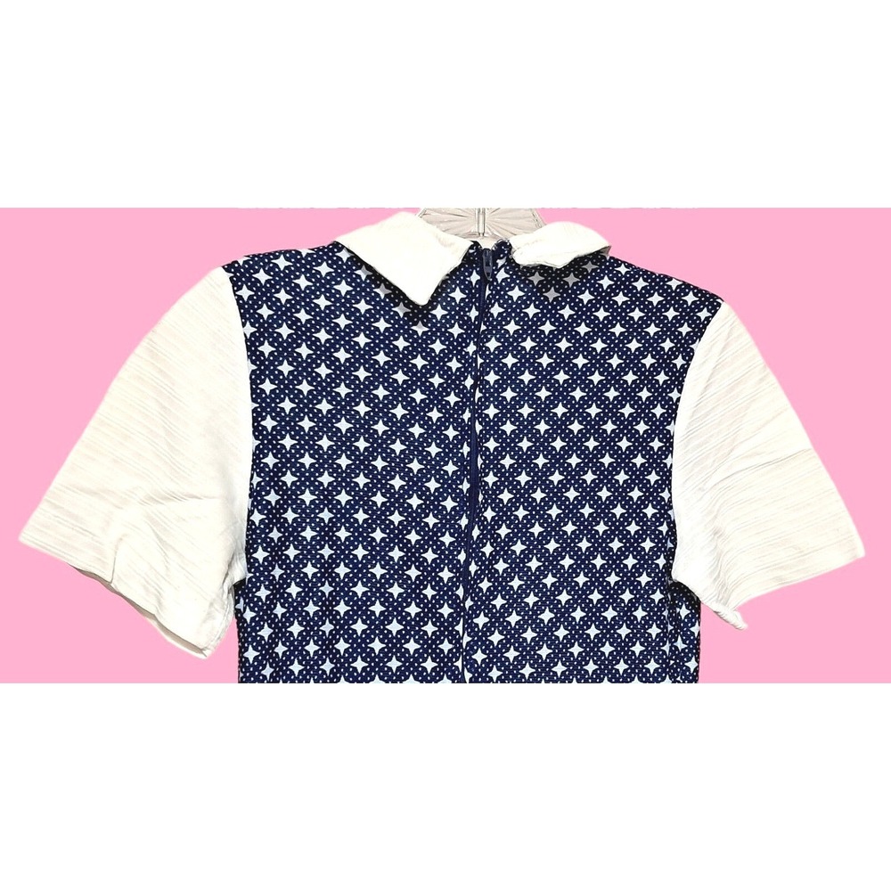Retro Vintage 70s Geometric Star Tunic Pant Set Womens Small Navy White Mod - Picture 12 of 13